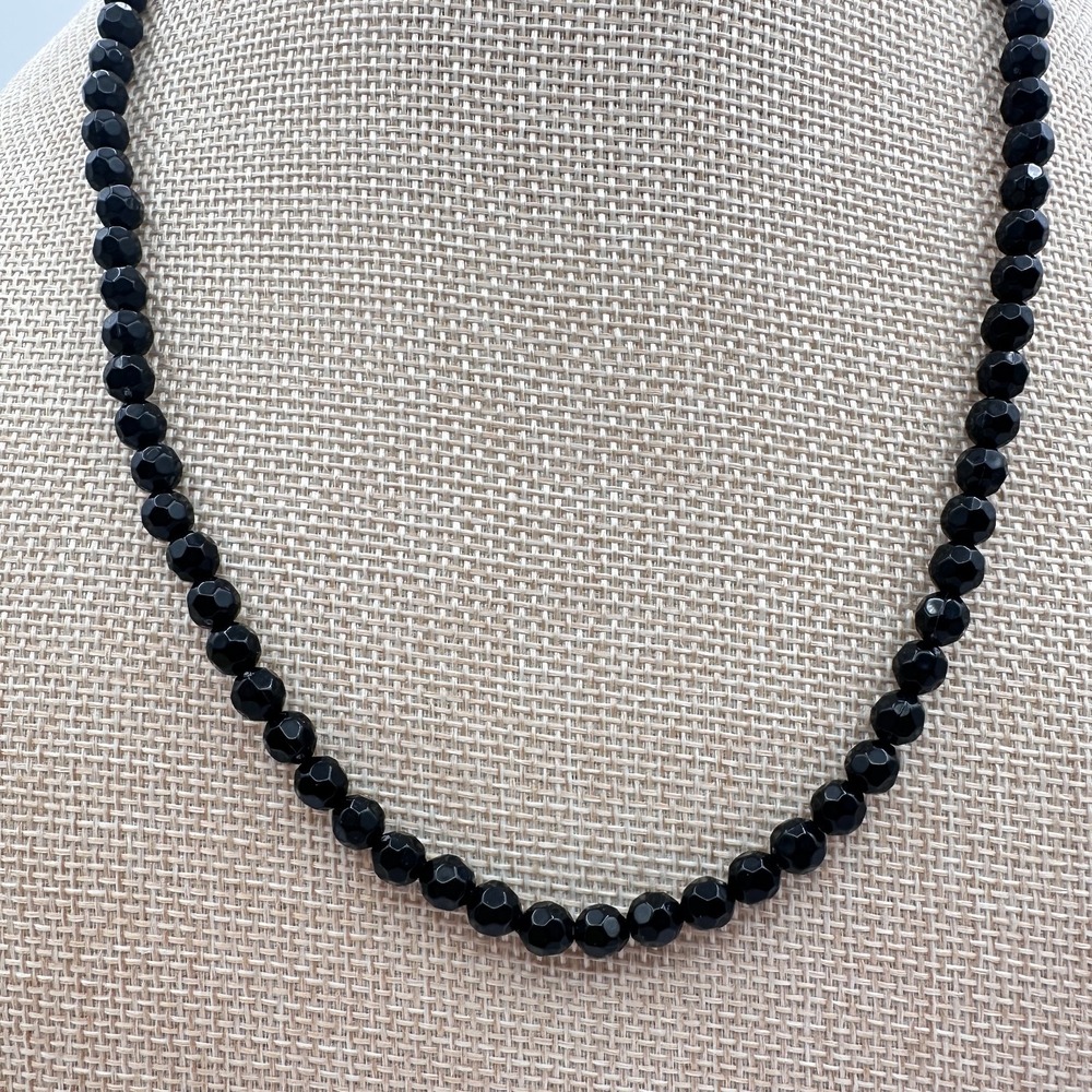 Vintage 90s Black Faceted Glass Bead Necklace Minimalist Goth Jewelry